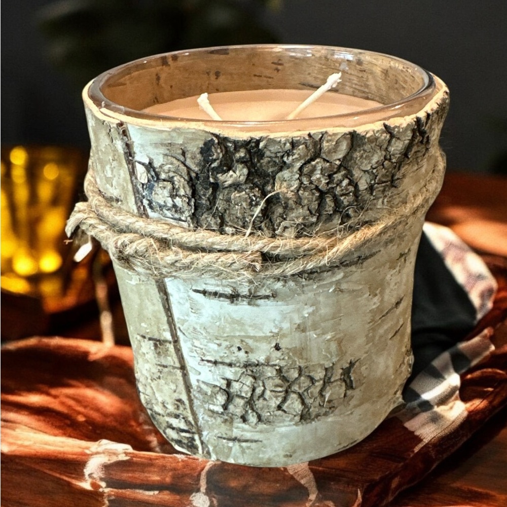 Rustic Bark Pillar Candle in Cream with Twine Accent